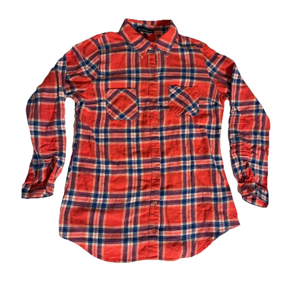 Derek Heart Shirt Women's L Pink Red Blue Plaid Long Sleeve Roll Tab Flannel Top